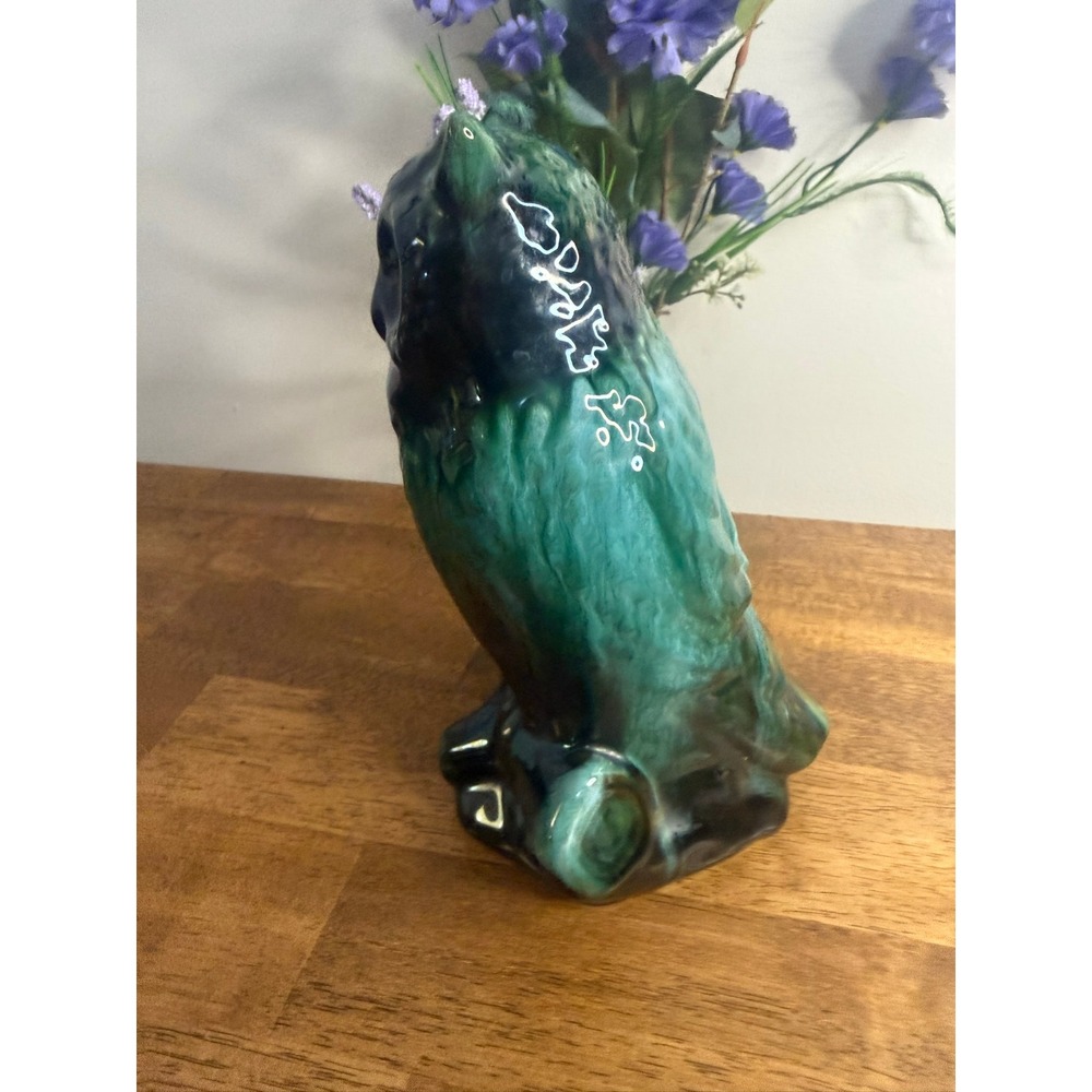 Large Vintage MCM Owl Ceramic Vase Planter Green Black Drip Glaze Pottery - Picture 6 of 10